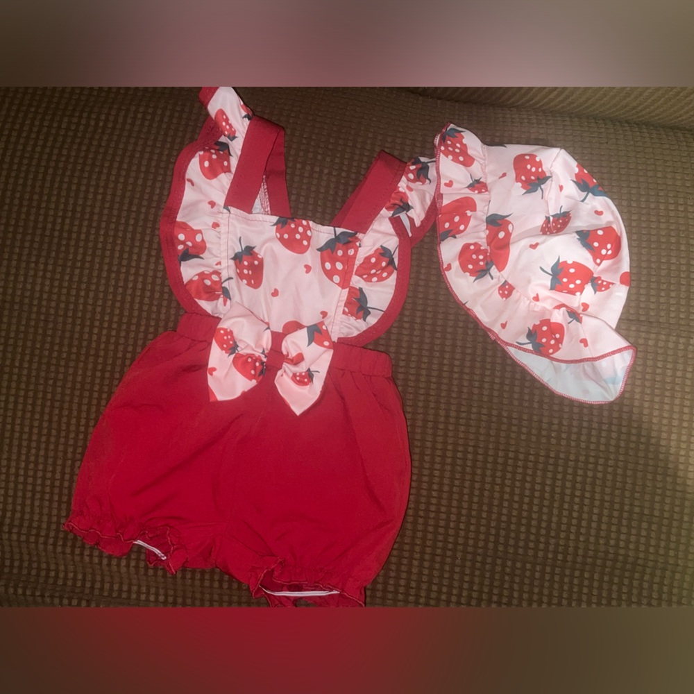 Red & Pink Strawberry BABY Sunsuit + Matching Hat - 3-6M